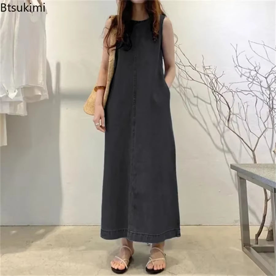 2025 Women'S Summer Sleeveless Jeans Dress Simple Style Solid Elegant Dress Robe Female Pocket Design Commuter Gown Dress 5XL