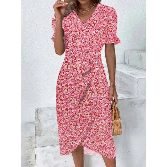 Elegant Floral Pleated H Shaped Midi Dress Female V Neck Puff Sleeve Waist Ruched Button Dresses Women Summer Dress Robe