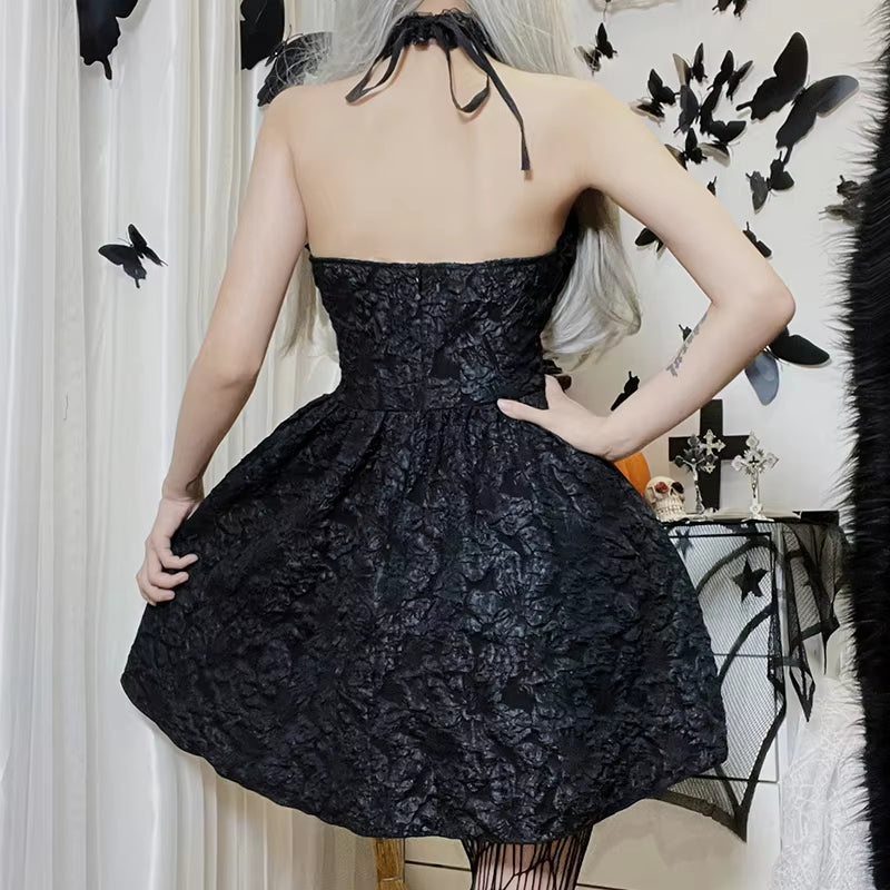 Goth Dark Mall Gothic Emo Jacquard A-Line Dresses Elegant Grunge Ruched Bandage Partywear Punk Black Women Halloween Club Dress