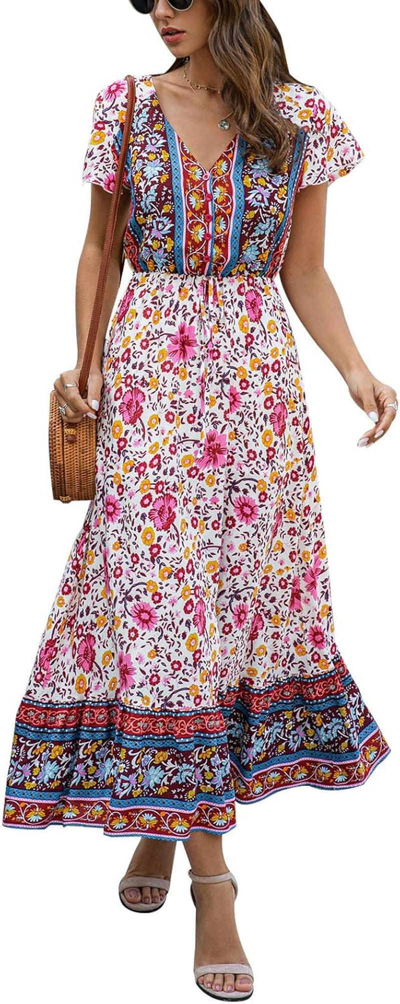 Women'S Dresses Summer Bohemian Casual Short Sleeve Floral Print Maxi Dress Red XL