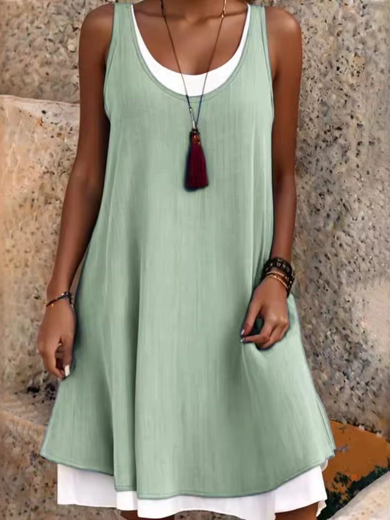 Summmer Women'S Solid Dress Casual Sleeveless Fake Two Piece Loose Dresses Female O Neck Office Holiday Beach Party Dress New