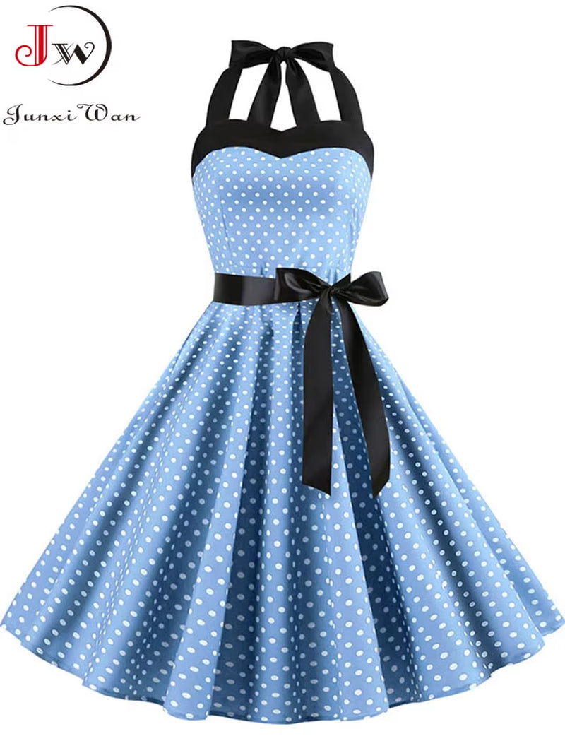 Sexy Halter Party Dress Women Summer Backless Vintage Dresses Retro Rockabilly Swing Robe Femme Elegant Midi Sundress