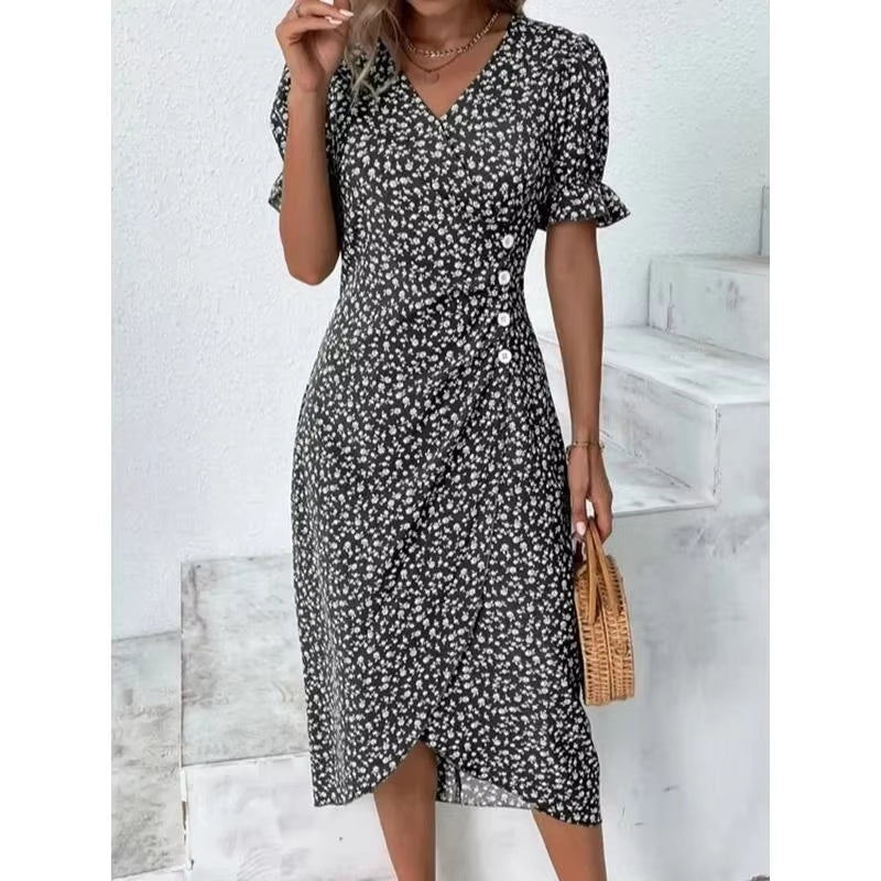 Elegant Floral Pleated H Shaped Midi Dress Female V Neck Puff Sleeve Waist Ruched Button Dresses Women Summer Dress Robe