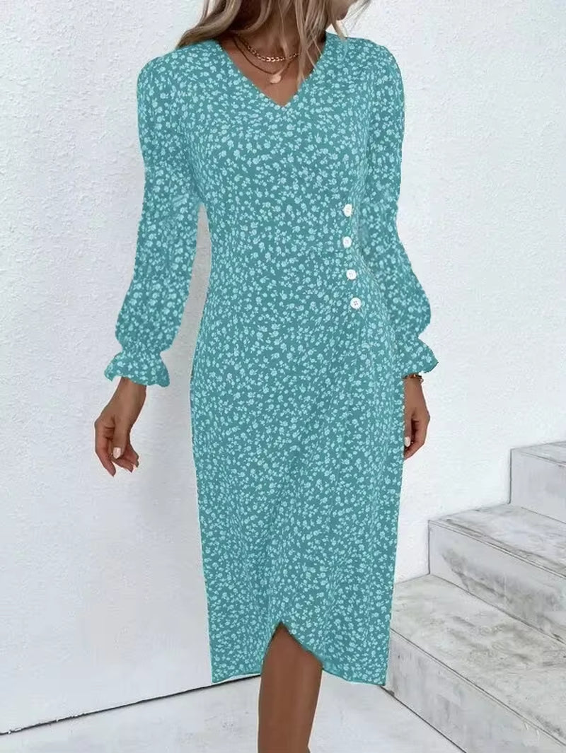 Elegant Floral Pleated H Shaped Midi Dress Female V Neck Puff Sleeve Waist Ruched Button Dresses Women Summer Dress Robe