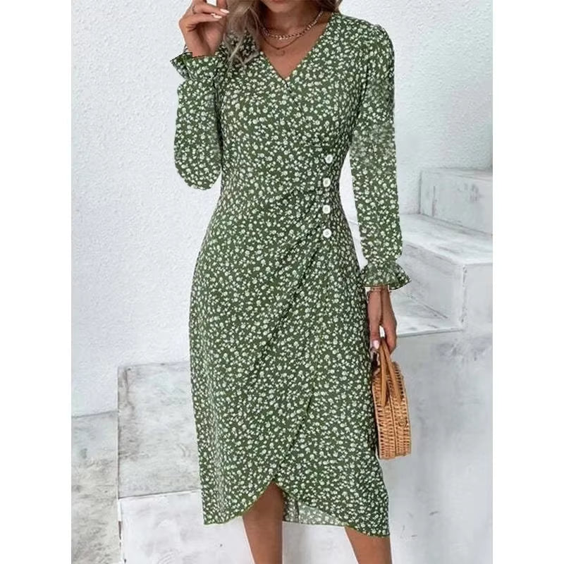 Elegant Floral Pleated H Shaped Midi Dress Female V Neck Puff Sleeve Waist Ruched Button Dresses Women Summer Dress Robe