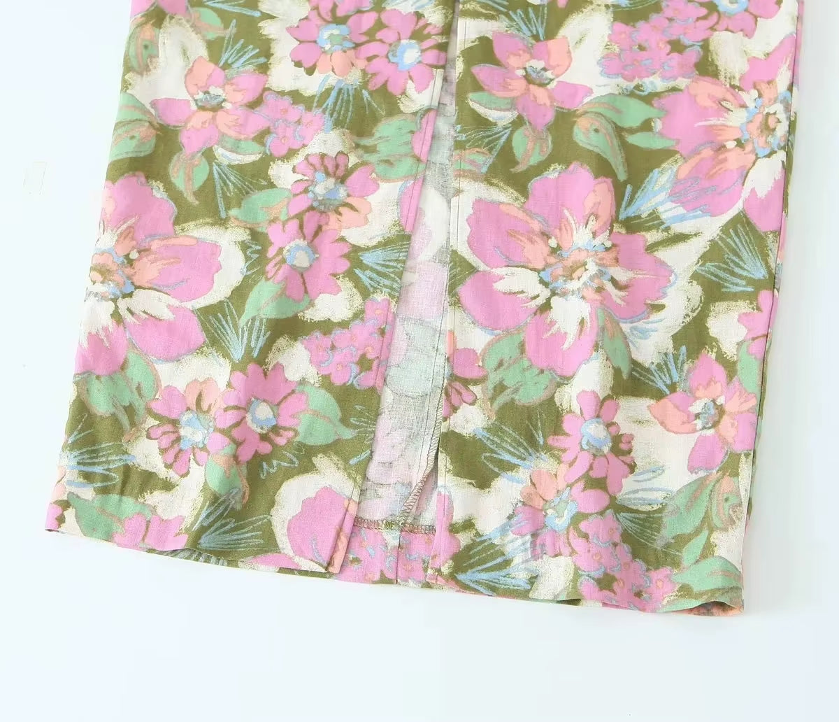 Women Fashion Linen Blended Flower Print Dress Vacation V-Neck Adjustable Straps Open Back Tie Front Split Female Dresse