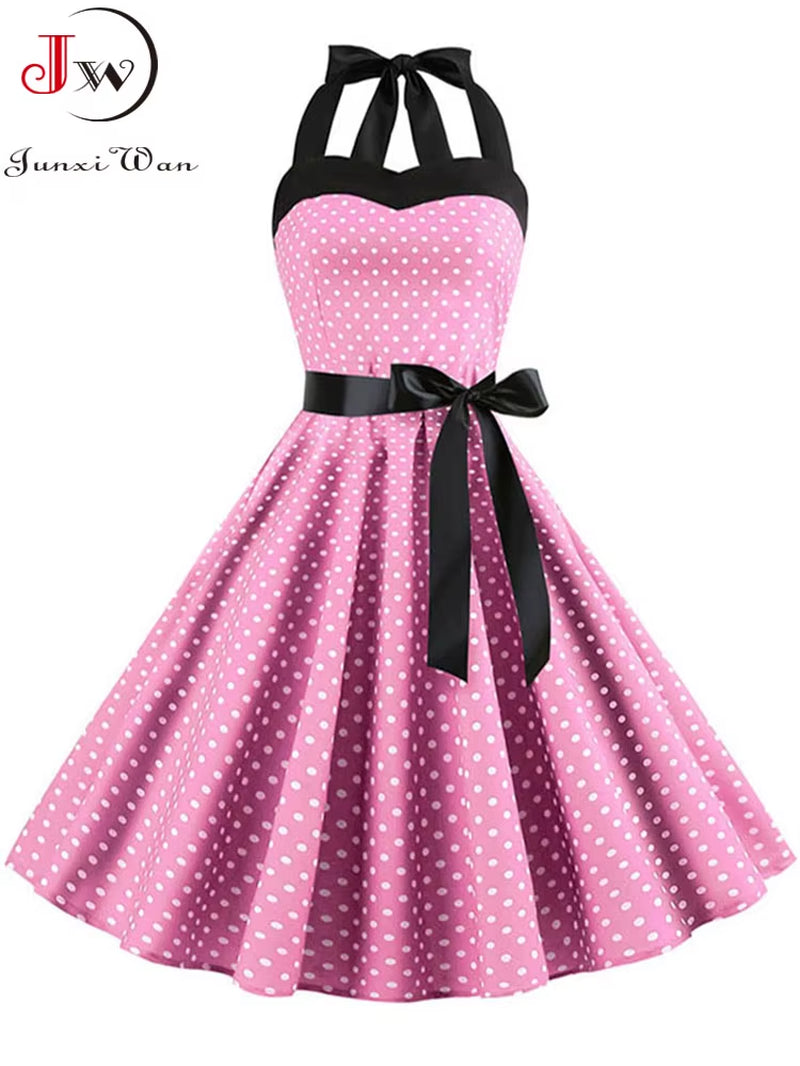 Sexy Halter Party Dress Women Summer Backless Vintage Dresses Retro Rockabilly Swing Robe Femme Elegant Midi Sundress