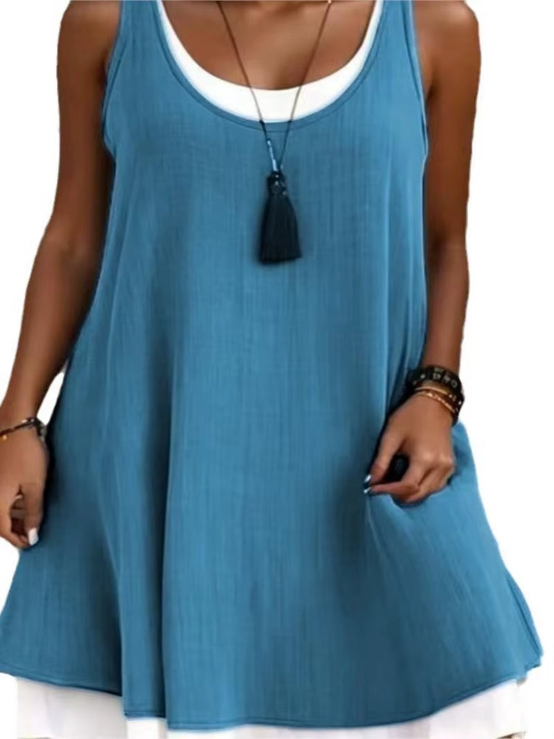 Summmer Women'S Solid Dress Casual Sleeveless Fake Two Piece Loose Dresses Female O Neck Office Holiday Beach Party Dress New