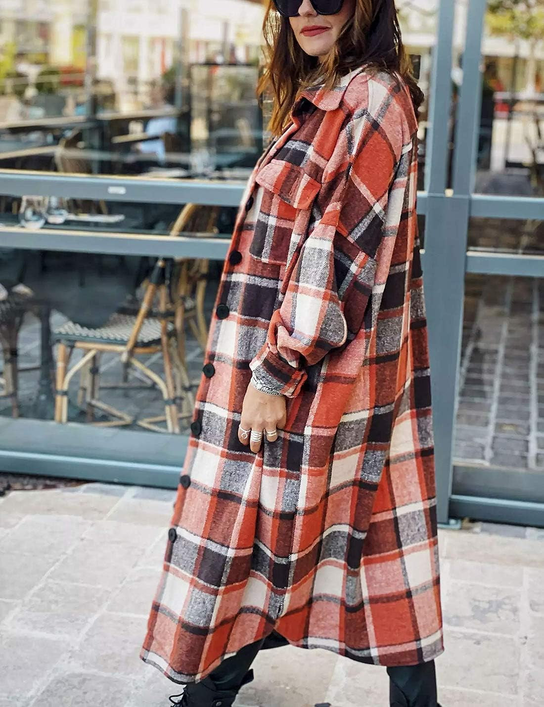 Women'S Flannel Plaid Shacket Fall Oversized Long Button down Shirt Jacket Shackets