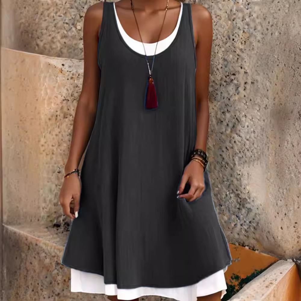 Summmer Women'S Solid Dress Casual Sleeveless Fake Two Piece Loose Dresses Female O Neck Office Holiday Beach Party Dress New
