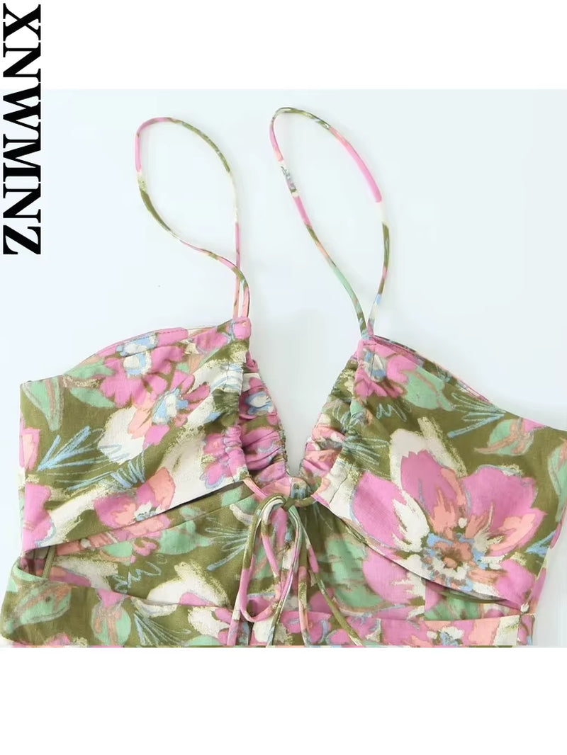 Women Fashion Linen Blended Flower Print Dress Vacation V-Neck Adjustable Straps Open Back Tie Front Split Female Dresse