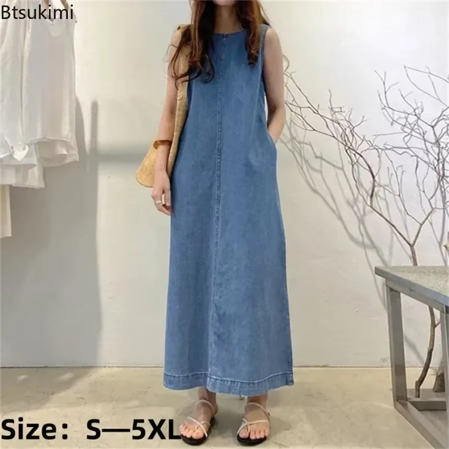 2025 Women'S Summer Sleeveless Jeans Dress Simple Style Solid Elegant Dress Robe Female Pocket Design Commuter Gown Dress 5XL