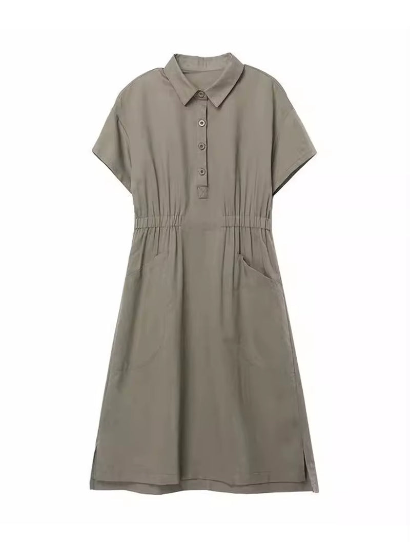 Summer Vintage Dresses for Women 2024 New Casual Loose Cotton Polo Collar Short Sleeve Office Lady Pleated Dresses Vestidos